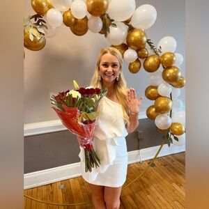 Red dress boutique white one sleeve mini dress. Size M